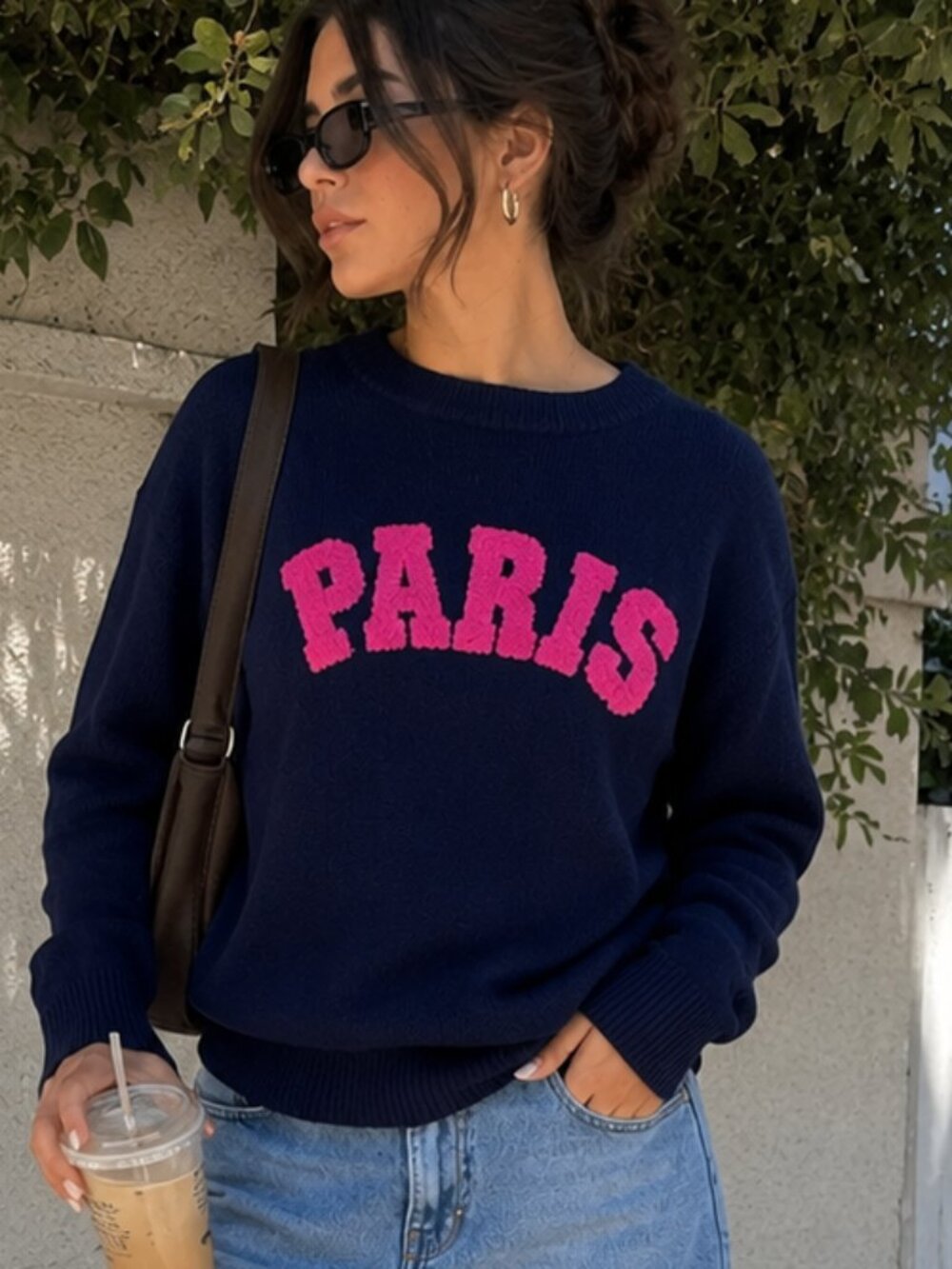Express Paris Navy Blue Pink Chenille Graphic Sweater M